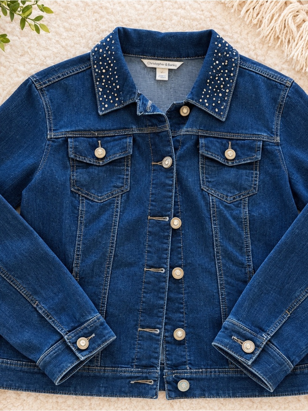 Christopher & Banks Dark Blue Denim Jacket with Embellished Collar